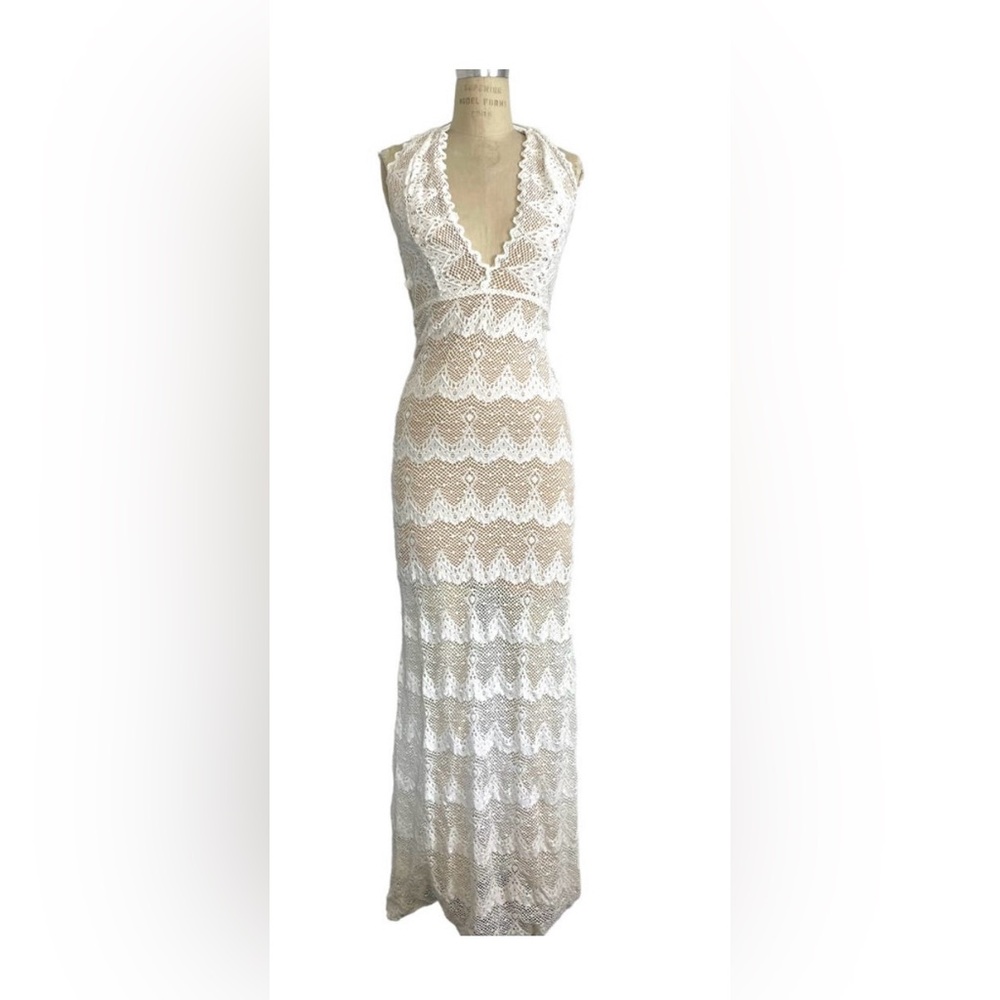 Nightcap Dress Size M White Lace with Tan Lining Halter Long